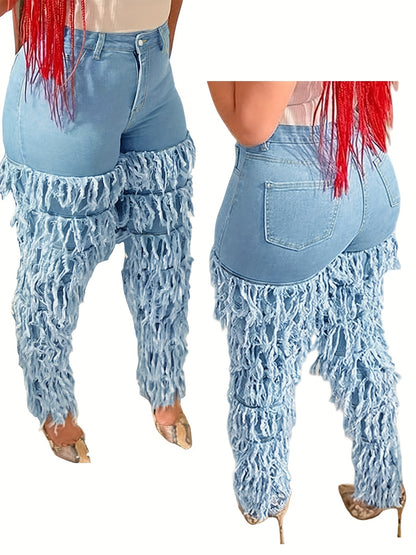Plus Size Women's High Waist Stretchy Skinny Jeans - Solid Blue Denim, Leg Paneled with Fringe Layers & Frayed Edges, Retro Casual Fashion, Versatile for Parties & All-Season Outings