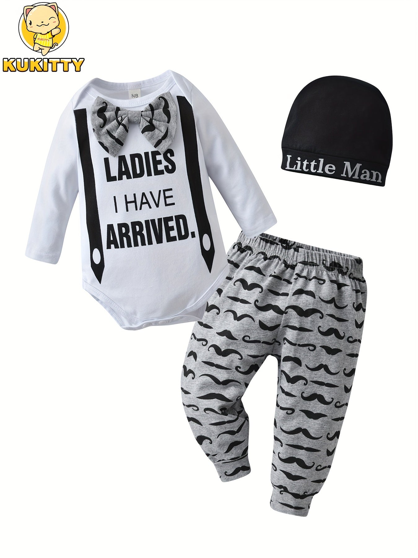 Kukitty Newborn Baby Boy Clothes Long Sleeve Bow "Ladies I Have Arrived" Romper + Moustache Printed Pants + Hat Infant Boys 3pcs Outfits Set, for Outdoor