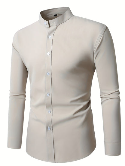 Men'S Henley Collar Long Sleeve Shirt | Casual, All-season, Solid Color, Regular Fit, Button Details, Woven Fabric