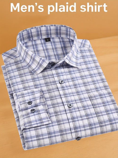! Men's Plaid Long Sleeve Shirt - Casual Button- with Pocket, 50% Cotton 50% Polyester, Comfortable Street Style & Commute Essential Fall Wardrobe