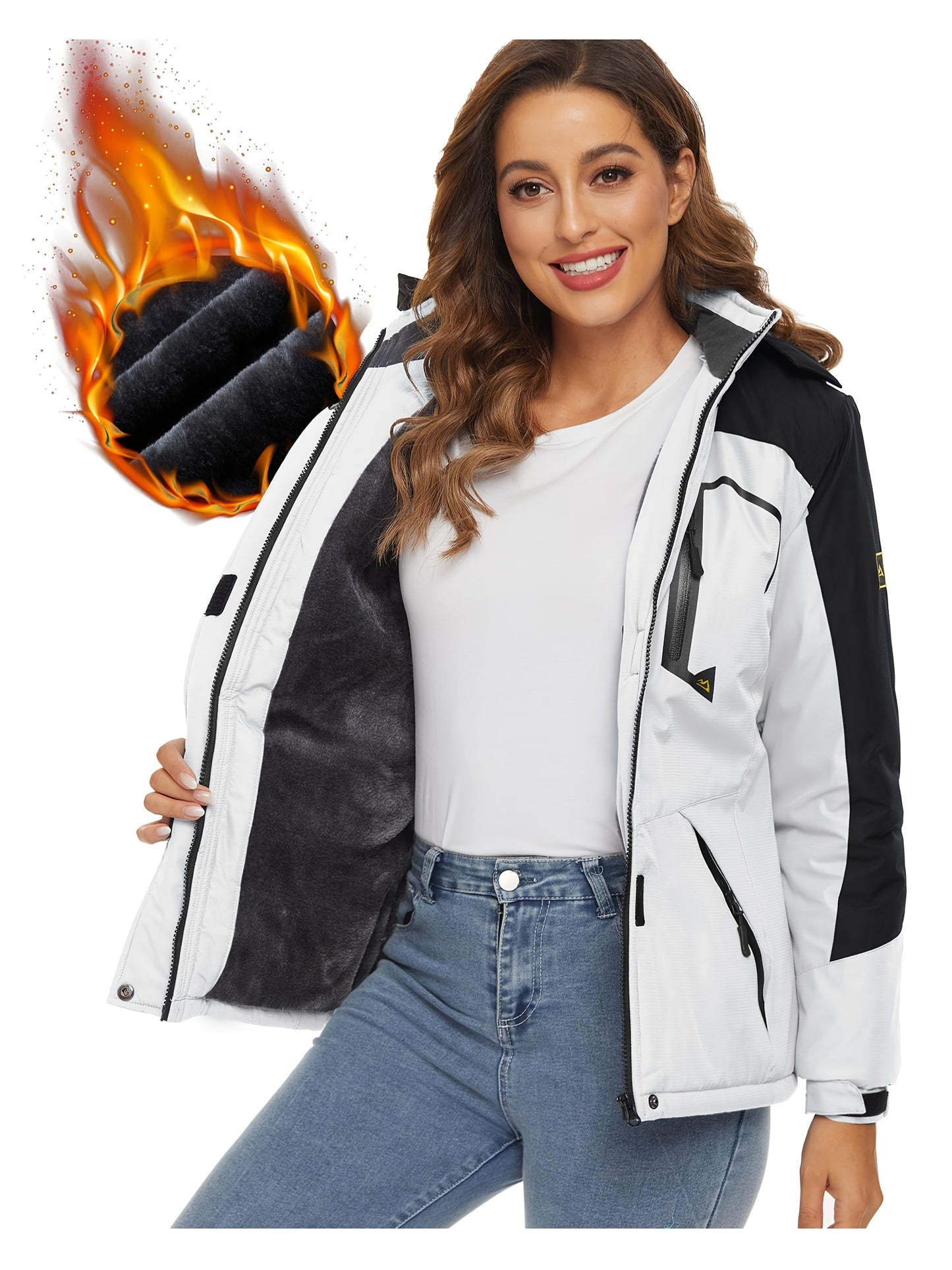 Women'S Warm Ski Jackets Winter Windproof Thermal Fleece Lined Coats Outdoor Detachable Hooded Heavy Weight Thick Jacket Camping Climbing Traveling Snowboard Windbreaker