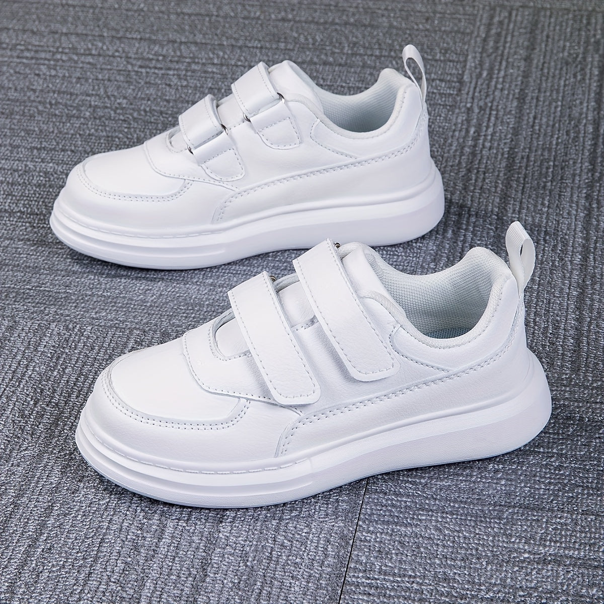 Girls' Versatile White Sneakers - Durable Casual Footwear with Hook-and-loop Fastener Strap, Non-Slip EVA Sole, Ideal for Daily Use and Sports