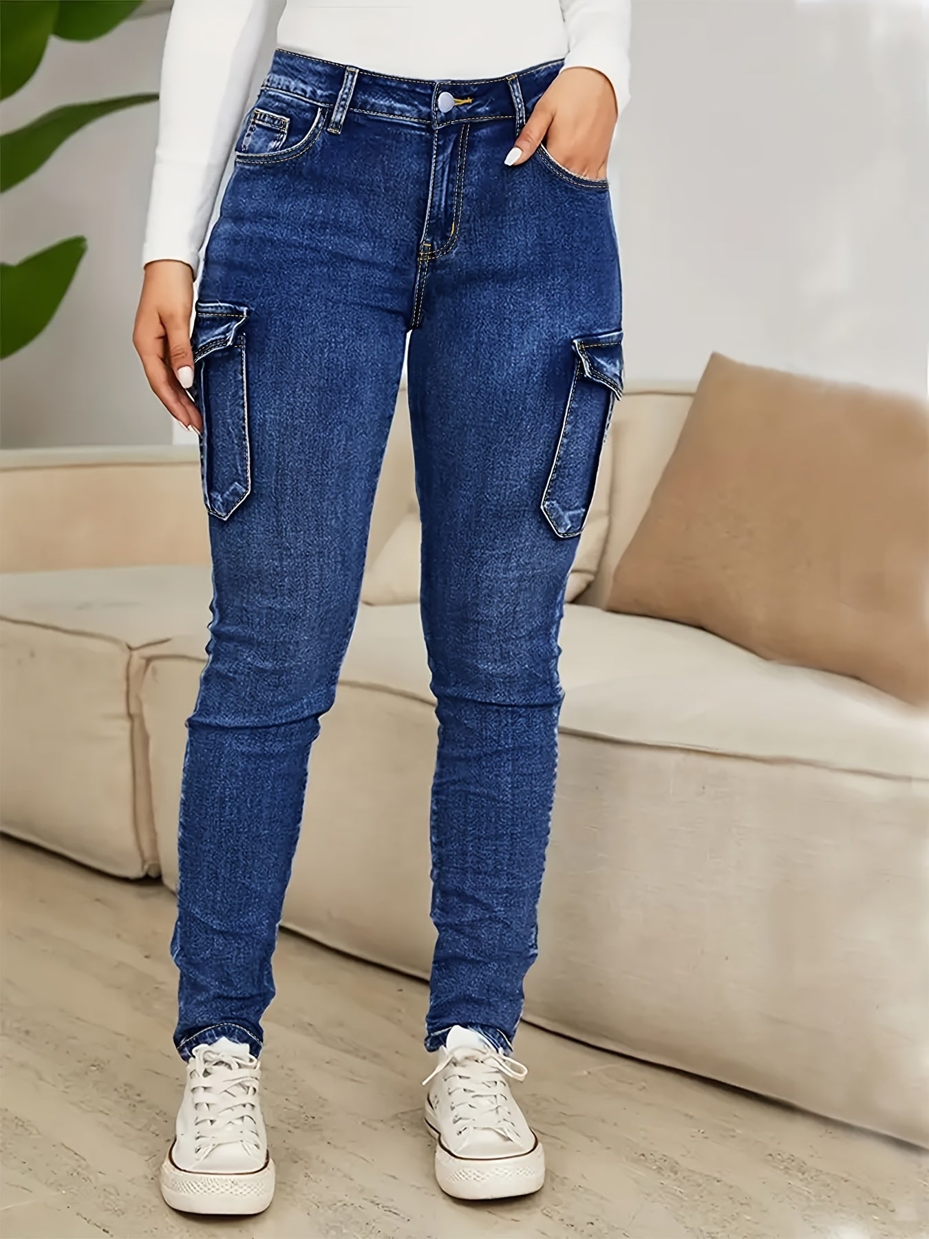 Plus Size - Women'S Plus Size High-Waist Stretchy Skinny Jeans with Pockets - Dark Blue Casual Tight Pants, Comfortable And Stylish for Casual Attire, High Waisted Jeans, Comfortable Clothing, Minimalist Design, Smooth Texture