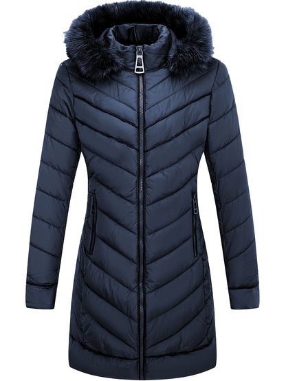 Zip-up Faux Trim Hoodie Puffy Coat, Casual Thermal Long Sleeve Coat for Fall & Winter, Women's Clothing