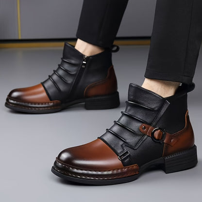 Men's Oversized Thick Heel Color-Block Patchwork Ankle Boots, Folded Texture Metallic Streetwear Casual Shoes