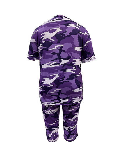 Plus Size - Plus Size - Women'S Plus Size Fashion: Camouflage Print T-Shirt with Round Neck And Cropped Pants Set, Casual Two-Piece Outfit