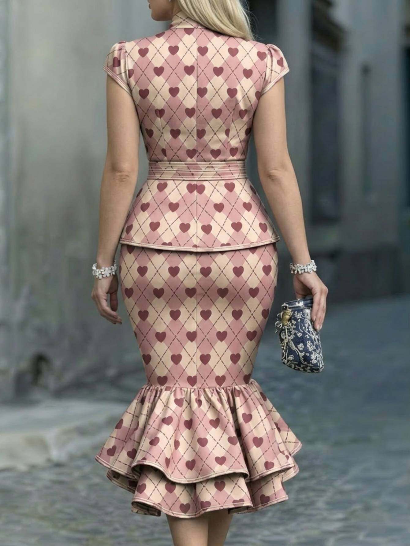 Light Blue Argyle Brown Heart Bow-Neck Waist- Short-Sleeve Top + Mermaid Skirt Women's Retro Set | Exquisite Playful Eye-Catching Style Perfect for Parties, Dating Commutes & Light Social Occasions Looks