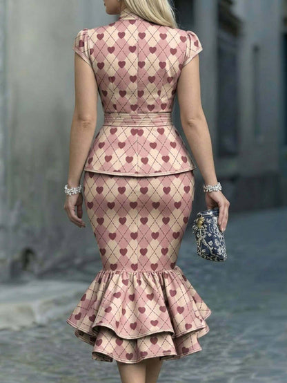 Light Blue Argyle Brown Heart Bow-Neck Waist- Short-Sleeve Top + Mermaid Skirt Women's Retro Set | Exquisite Playful Eye-Catching Style Perfect for Parties, Dating Commutes & Light Social Occasions Looks