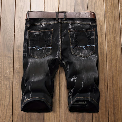 Stylish And Modern Water-Washed Ripped Denim Shorts for Men, Featuring Casual Straight Fit And Embroidered Patches, Perfect for Summer Wear