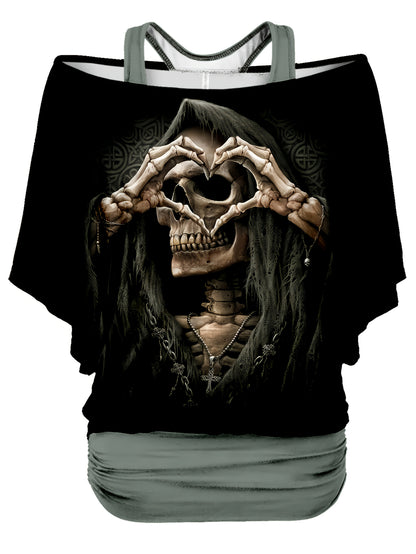 Women's Vintage Punk Skull 2-in-1 Off-Shoulder Top, Halloween Costume, Halloween Gift