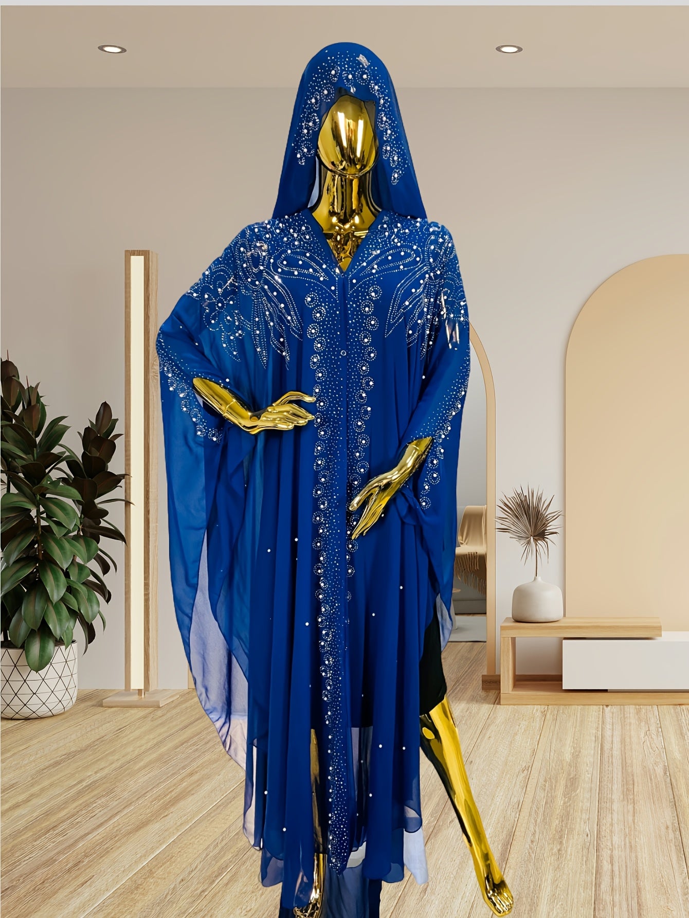A Batwing Sleeve Shawl Wrap Adorned with Royal Blue Rhinestones, Inspired by Middle Eastern Styles. This Plus-Size Semi-Sheer Tunic Features a Loose Fit, Beaded Accents, And a Slit Hem, Perfect for Summer Weddings, Parties, And Cultural Gatherings