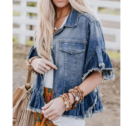 Designer Style Pleated Loose Cuffs And Loose Hem Denim Jacket