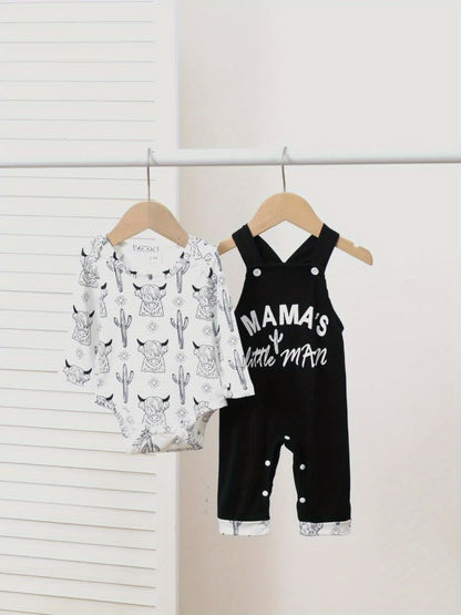 2pcs Of Baby Boy Autumn Style Cow Head Print Long Sleeved Shirt+overalls with Letter Print Set, Perfect for Outdoor