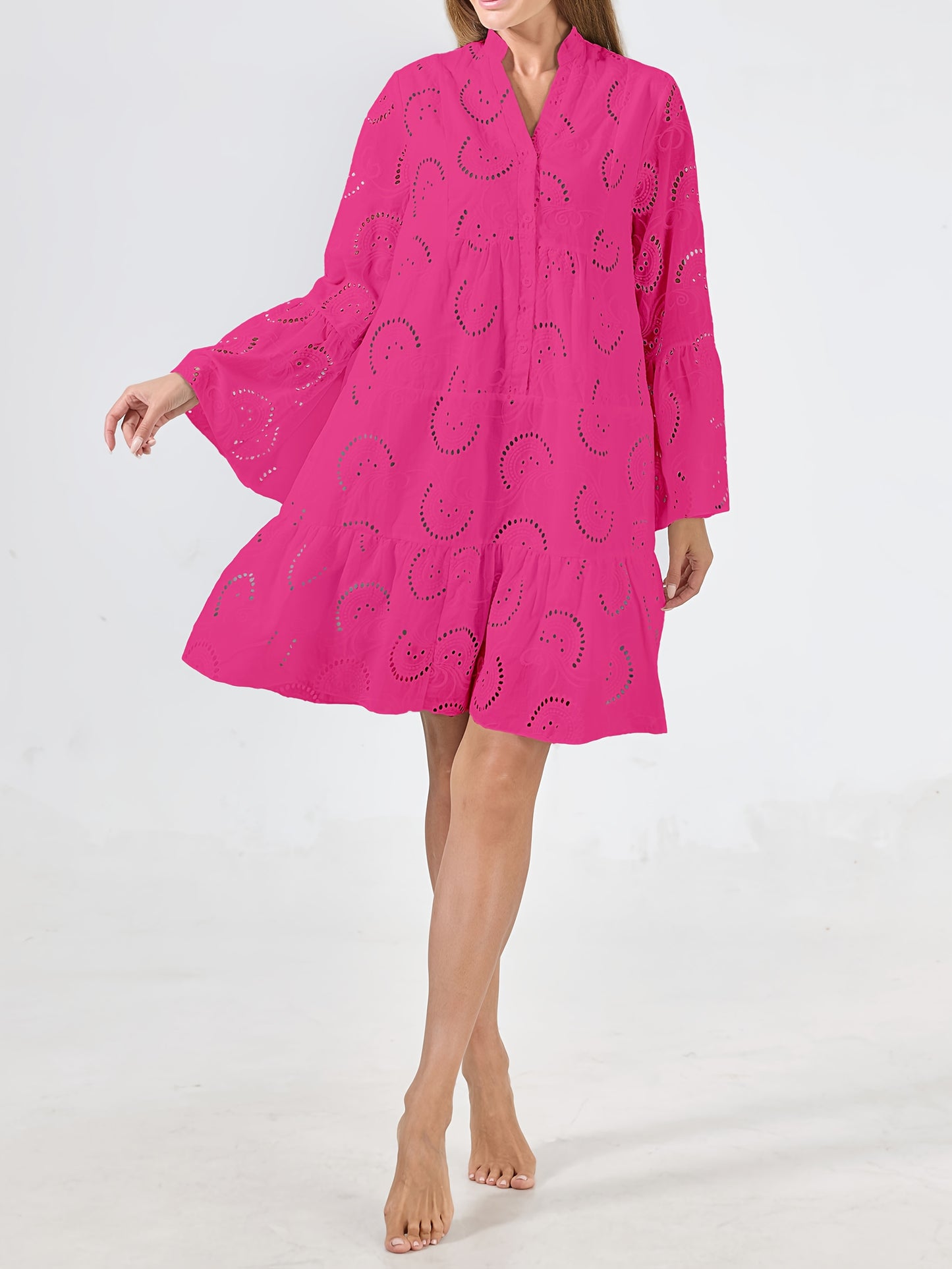 Elegant Mint Green V-Neck Shirt Dress with Bell Sleeves and Lace Cut-Out Detail - Chic Long Casual Dress for Women, Ideal for Home Gatherings and Parties, Casual Party Dress|Bell Sleeve Dress|Machine Washable Dress, Cute Dresses