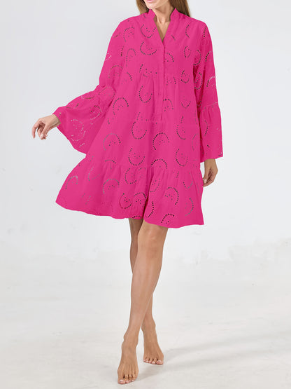 Elegant Mint Green V-Neck Shirt Dress with Bell Sleeves and Lace Cut-Out Detail - Chic Long Casual Dress for Women, Ideal for Home Gatherings and Parties, Casual Party Dress|Bell Sleeve Dress|Machine Washable Dress, Cute Dresses