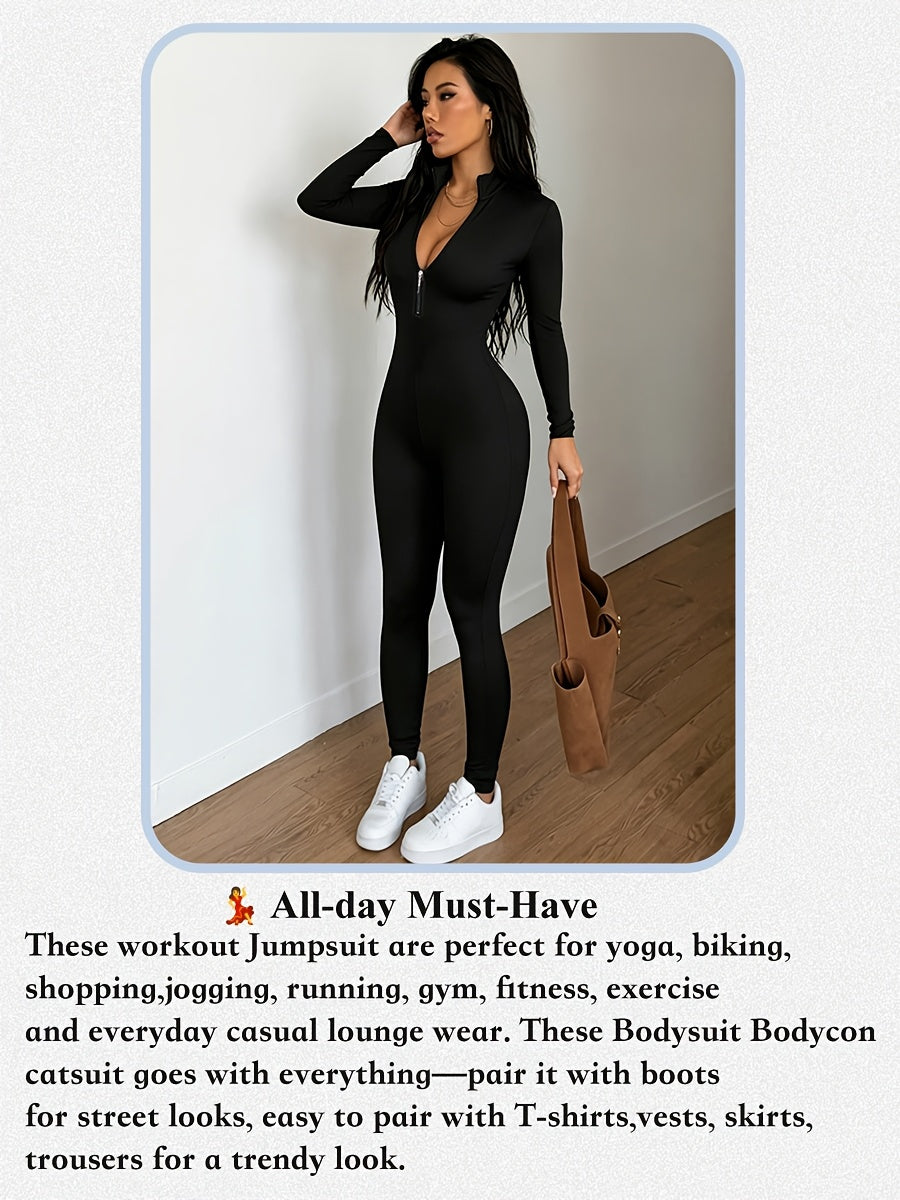 Women'S Solid Color Long Sleeve Skinny Jumpsuit, Front Half Zipper Design, Comfortable And Slim-fitting Jumpsuit, Casual And Versatile, Suitable For Cycling, Running, Yoga, Tennis And Other Training.