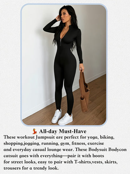Women'S Solid Color Long Sleeve Skinny Jumpsuit, Front Half Zipper Design, Comfortable And Slim-fitting Jumpsuit, Casual And Versatile, Suitable For Cycling, Running, Yoga, Tennis And Other Training.