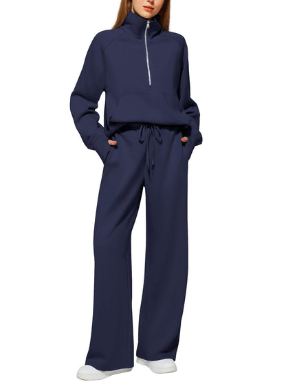 2Pcss Outfits for Women, Oversized Half-Zip Sweatshirt And Wide Leg Sweatpants Set, 2026 Spring Casual Lounge Tracksuit Women'S Trendy 2Pcss Matching Set, Oversized Quarter-Zip Pullover And Loose Wide Leg Trousers, Chic Spring Sporty Outfits