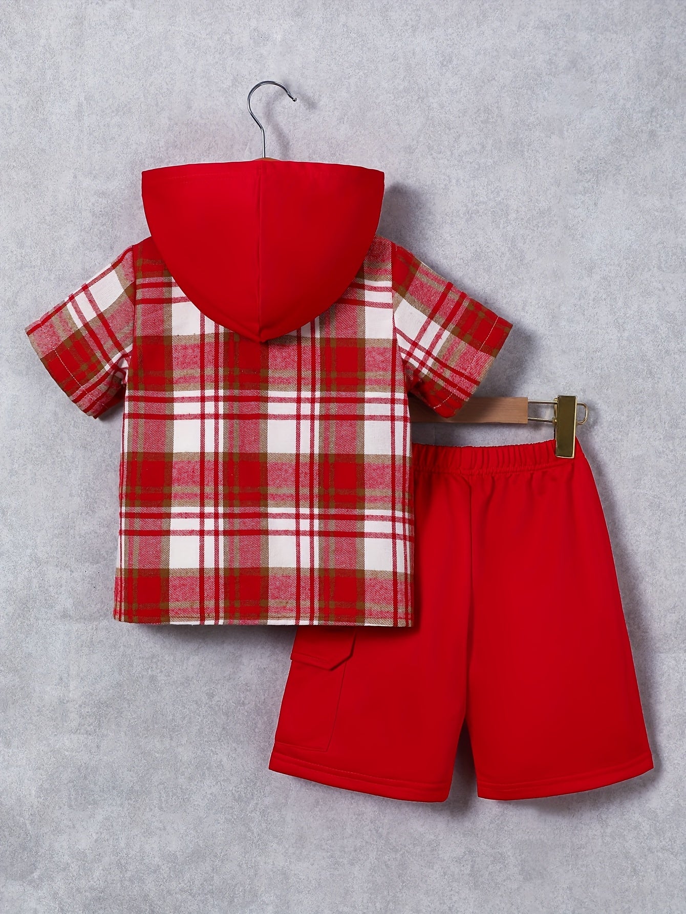 2pcs, Children's Short-sleeved Plaid Shirt Shorts Hooded Top Cardigan Fashion Casual Children's Shorts Set, Perfect for Outdoor