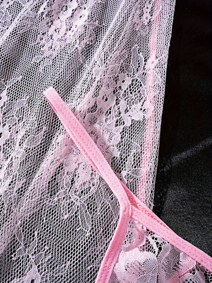 Sexy Sheer Lace & Mesh Lingerie Dress with Deep V Backless, Adjustable Straps & Bow Accents - Women's Elegant Nightwear for Intimate Occasions, Ladies Lingerie, Special Occasion Wear, Butterfly Knot Detail, Medium Elasticity