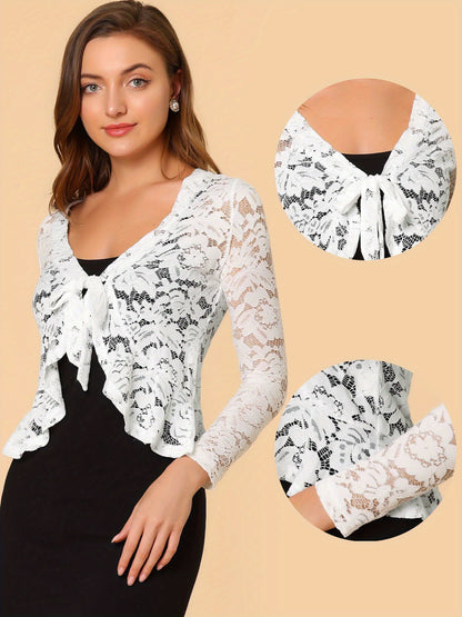 Women's Sheer Crop Bolero Cardigan - Semi-Sheer Lace Shrug with Ruffled Hem & Tie-Front Closure, Blouse for Sleeveless Dresses/Tank Tops (Machine Washable, Spring/Summer Wedding/Office/Cardigan) - 90% Nylon/10% Spandex