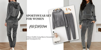 Lady Velvet 2pcs Set (Solid-color Long-sleeved Hooded Sweatshirt And Sweatpants Set) Soft Velvet Y Set for Casual Wear, Dress-up Set, Y Set