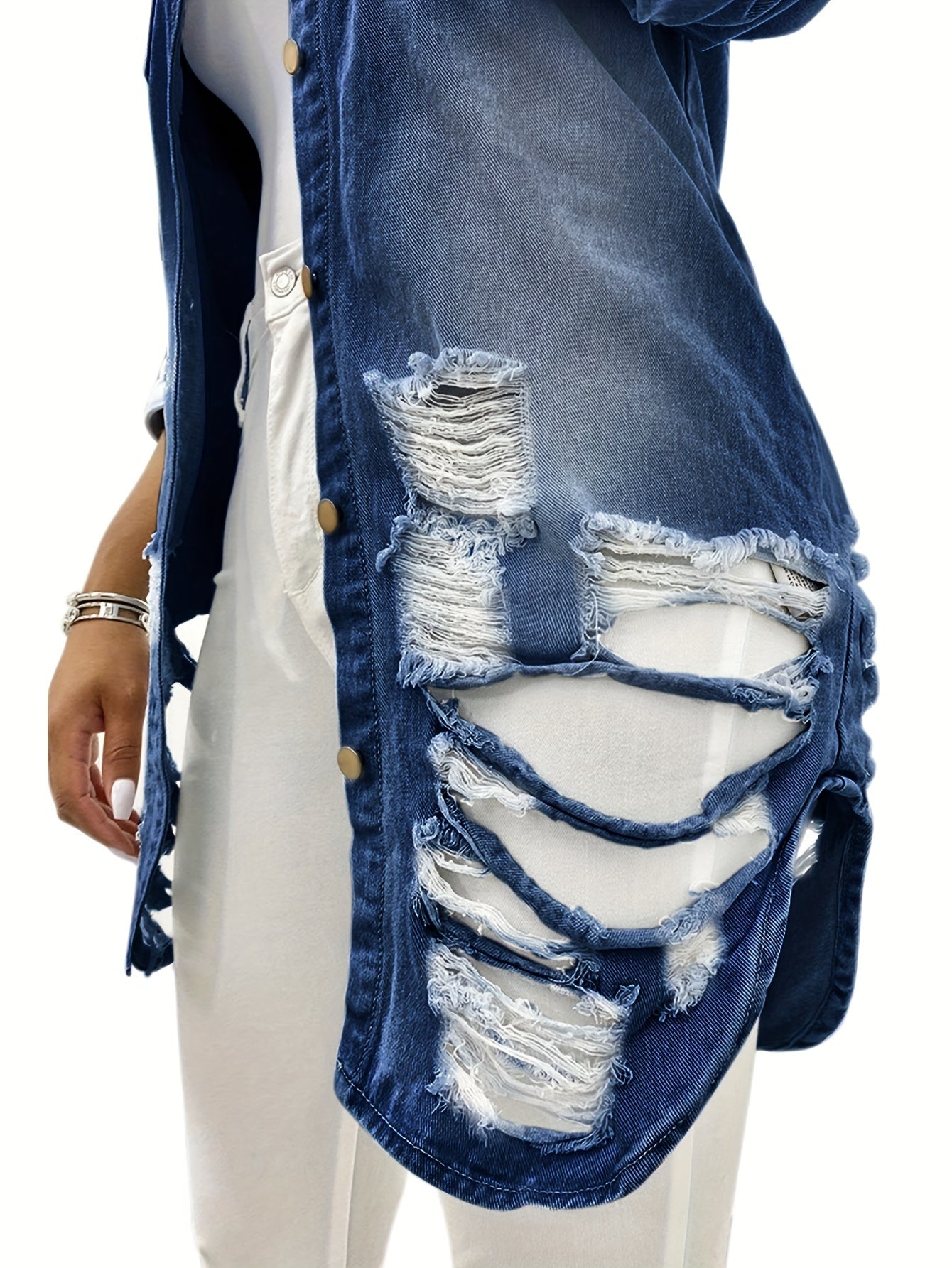 Women's Casual Ripped Washed Blue Patch Pocket Slim Fit Long Sleeve Distressed Denim Jacket