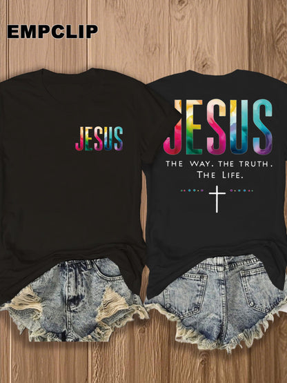[Front and Back Image] Double-Sided Printed Women's T-Shirt- Jesus: The Way, the Truth, the Life- Colorful Inspirational Christian Women's T-Shirt| Faith Clothing| Suitable for Church Services and Religious Activities| Fashion Religious T-shi