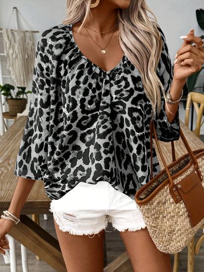 Plus Size - Plus Size - Khaki Leopard Print Shirt Featuring Deep V-Neck And Pleated Sleeves