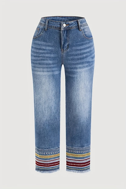 Women'S Plus Size Stone Washed Denim Pants, Ethnic Style Embroidered Skinny Straight Leg Pants