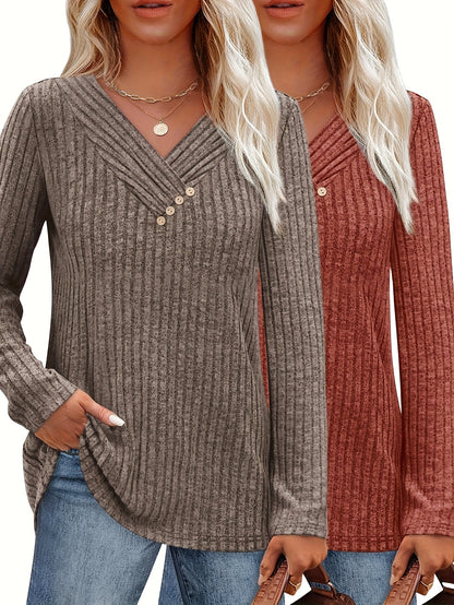 Two-piece Women'S Fashion Top, Casual Long-sleeved Pullover, V-neck Button, Thin Autumn And Winter Sweater, Cropped Sweaters for Women, Colourfull Loose Sweater for Women, Long Sweaters for Women, Everyday Outfit, Layering Piece, Vneck Design