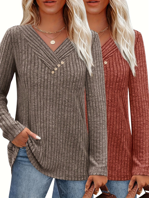 Two-piece Women'S Fashion Top, Casual Long-sleeved Pullover, V-neck Button, Thin Autumn And Winter Sweater, Cropped Sweaters for Women, Colourfull Loose Sweater for Women, Long Sweaters for Women, Everyday Outfit, Layering Piece, Vneck Design