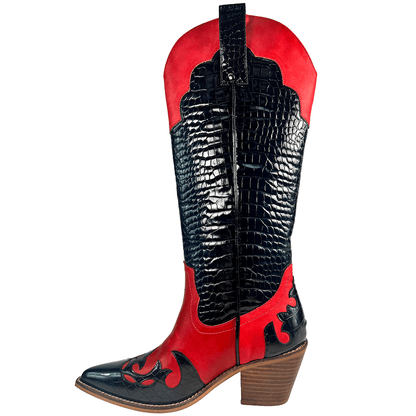 ARiderGirl Pamela Women's Western Cowboy Knee-High Boots Crocodile Printed Chunky Stacked Heel Pointed Toe Boots