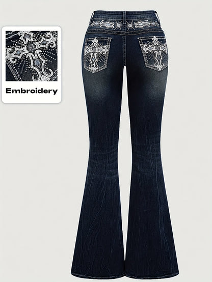 Women'S Vintage Stretch Flare Jeans - Cross Embroidery & Belt Loop Detailing, Slim Fit Elegant Denim for All-Season Wear