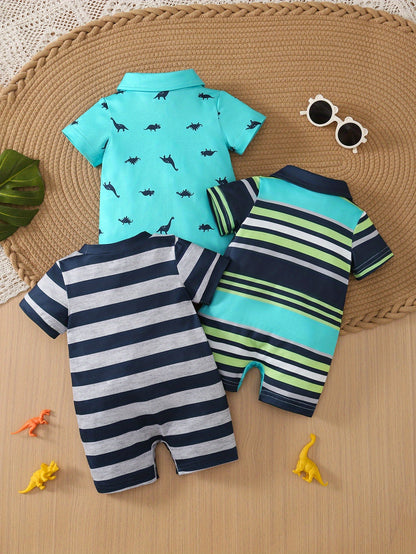 3pcs Baby Boy Summer New Cute Casual Collar Cool Little Monster Striped Jumpsuit 3pcs Set for Boys' Clothes, Perfect for Outdoor