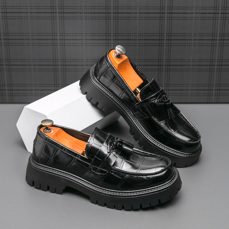 [Printed Platform Loafers] Men's Printed Platform Slip-On Penny Loafers Fashion Round Toe Tassel Decoration Non-Slip Lug Sole Business Dress Shoes for Driving Office Party