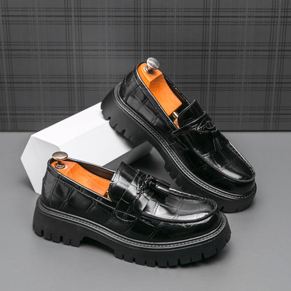 [Printed Platform Loafers] Men's Printed Platform Slip-On Penny Loafers Fashion Round Toe Tassel Decoration Non-Slip Lug Sole Business Dress Shoes for Driving Office Party