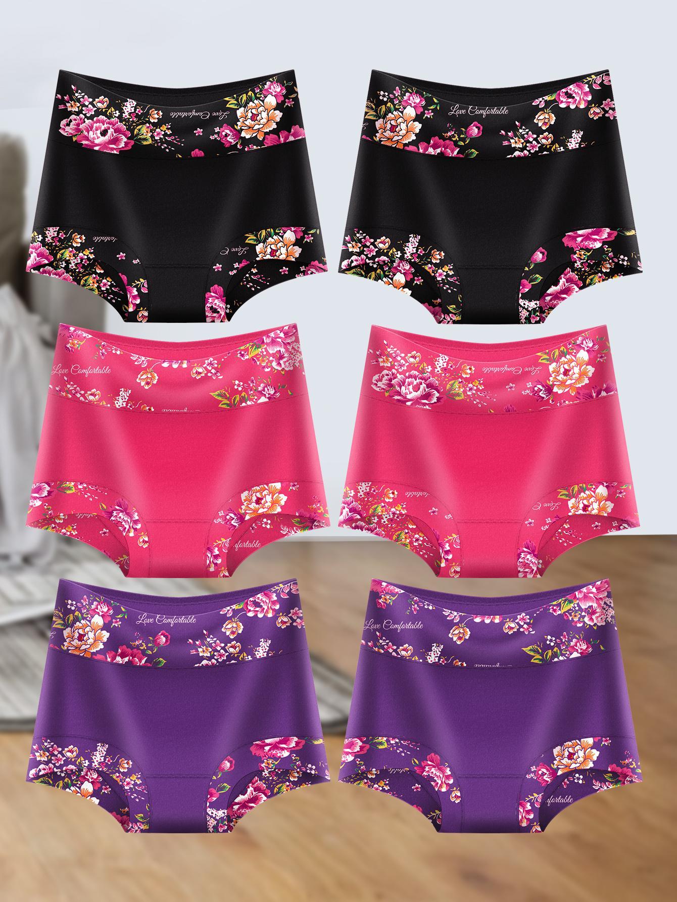 6pcs Women's High Waisted Underwear - Elegant Boyshort Briefs with Floral Print Waistband, No Curling Edges & Meat Restriction-Free Design, Breathable Soft Skin-Friendly Suitable for Daily Wear, Gym, Special Occasions (Romantic Ceremony Style)