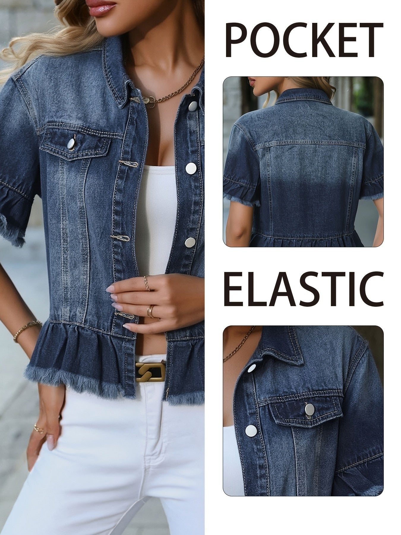 1pc 2026SS Women's Frayed Denim Jacket, Slim Fit & Loose, Trendy Fashion Jacket. Simple, High-end And Timeless, Retro And Stylish, Versatile for All Body Types. Soft And Fashionable Washed Denim Fabric
