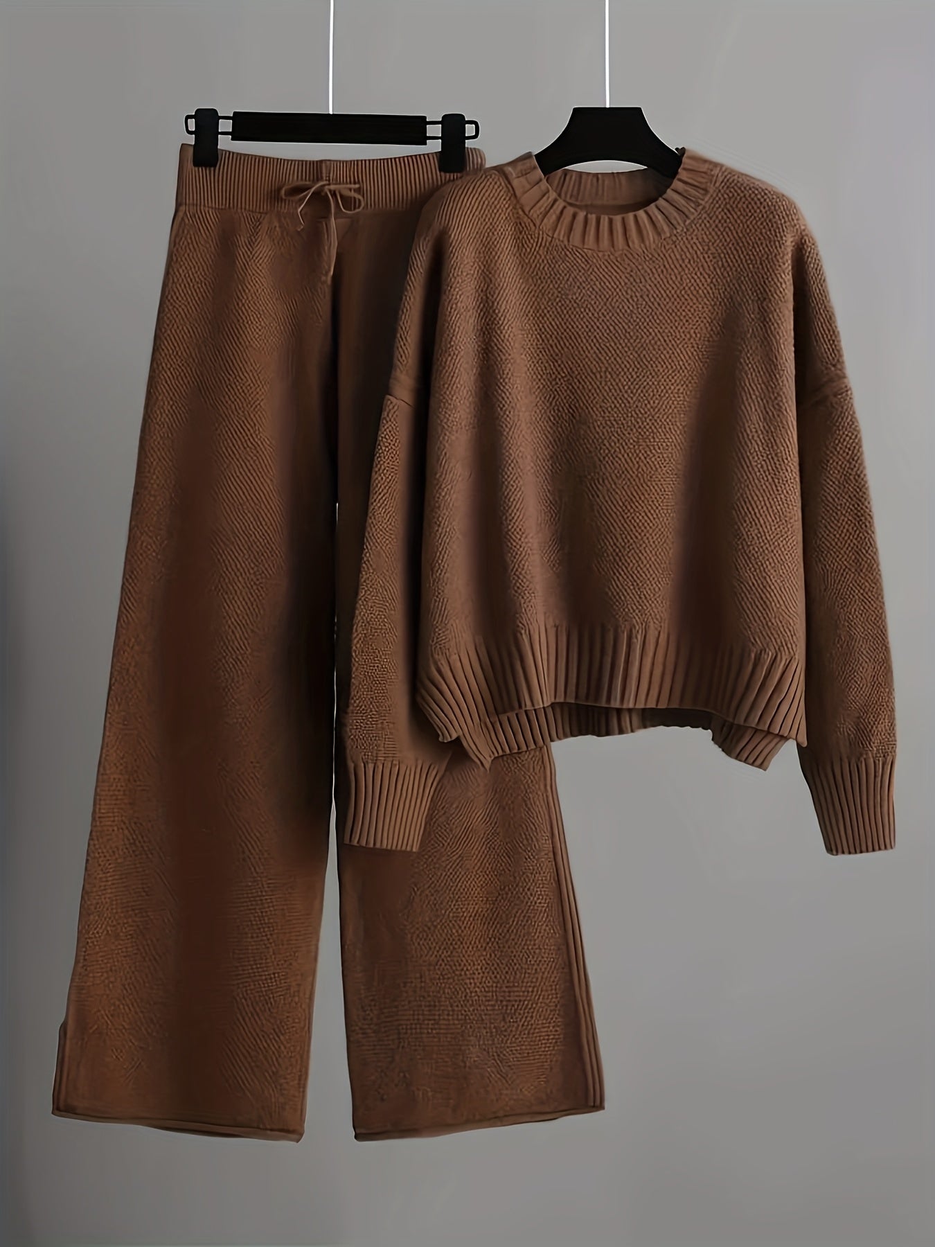 Y08 Women's 2pcs Elegant Casual Outfit, Long Sleeve Crew Neck Top & Loose Pants, Solid Color, Regular Cuffs, All-Season Wear, Multiple Colors Available
