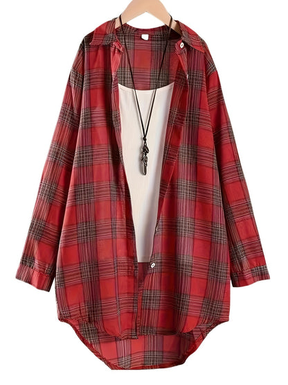 Plus Size - Plus Size - Plus Size Womens Casual Plaid Shirt - Lapel Collar, Dipped Hem, Semi-Sheer, Long Sleeve, Button Front, Perfect for All Seasons