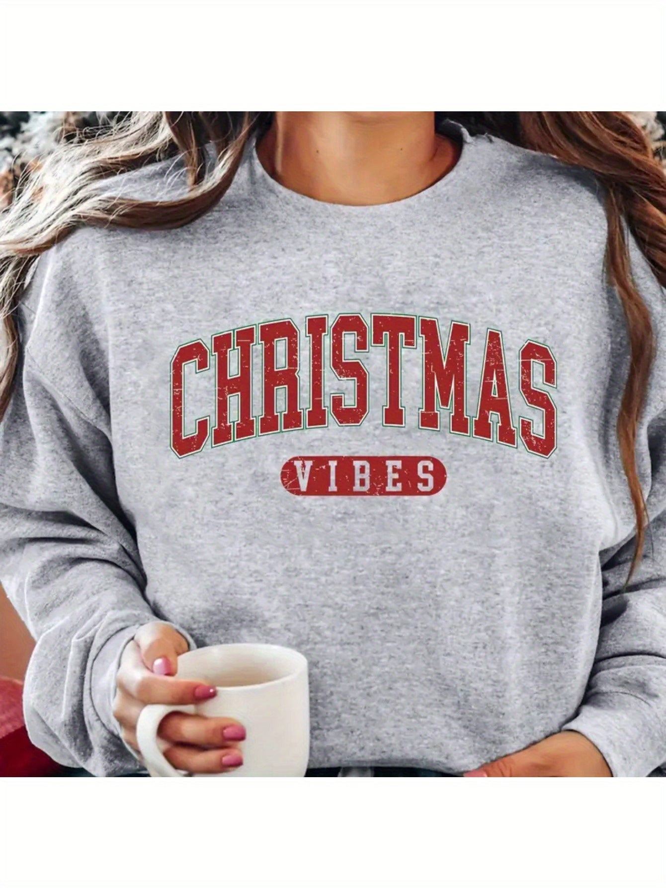 1pc Women'S Casual Crew Neck Sweatshirt, Christmas Vibes Sweatshirt Alphabet Pattern Long Sleeve Pullover for Autumn/Winter, Grey Sweatshirt