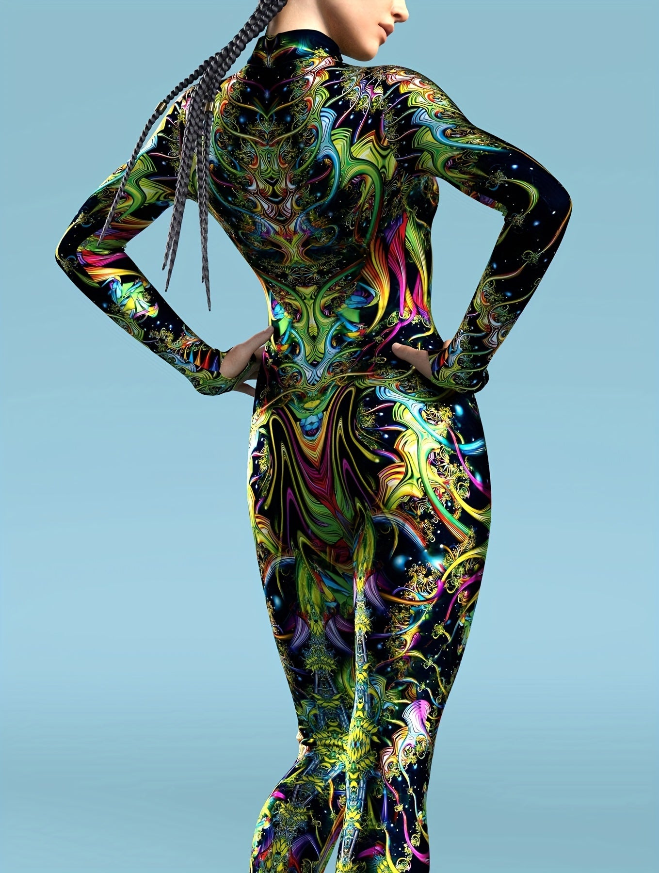 Stretchy Spandex Psychedelic Fractal Print Bodysuit for Women - High-Neck, Long Sleeve, Costume for Halloween & Cosplay Parties