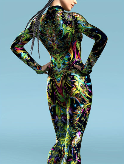 Stretchy Spandex Psychedelic Fractal Print Bodysuit for Women - High-Neck, Long Sleeve, Costume for Halloween & Cosplay Parties