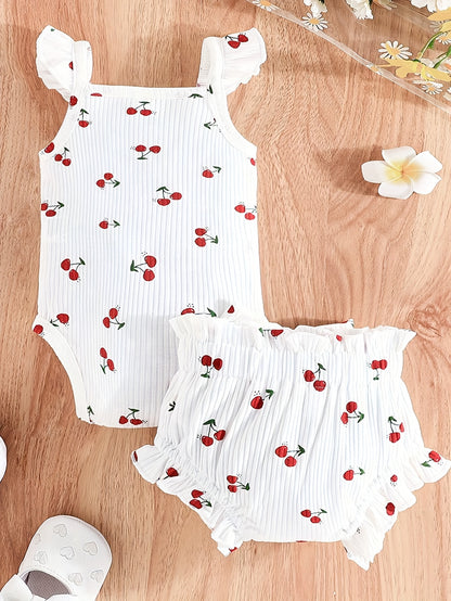 2pcs Newborn Baby Girls Spring Summer White Cherry Print Sling Jumpsuit with Bowknot Shorts Cute Outfit, for Outdoor