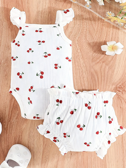 2pcs Newborn Baby Girls Spring Summer White Cherry Print Sling Jumpsuit with Bowknot Shorts Cute Outfit, for Outdoor