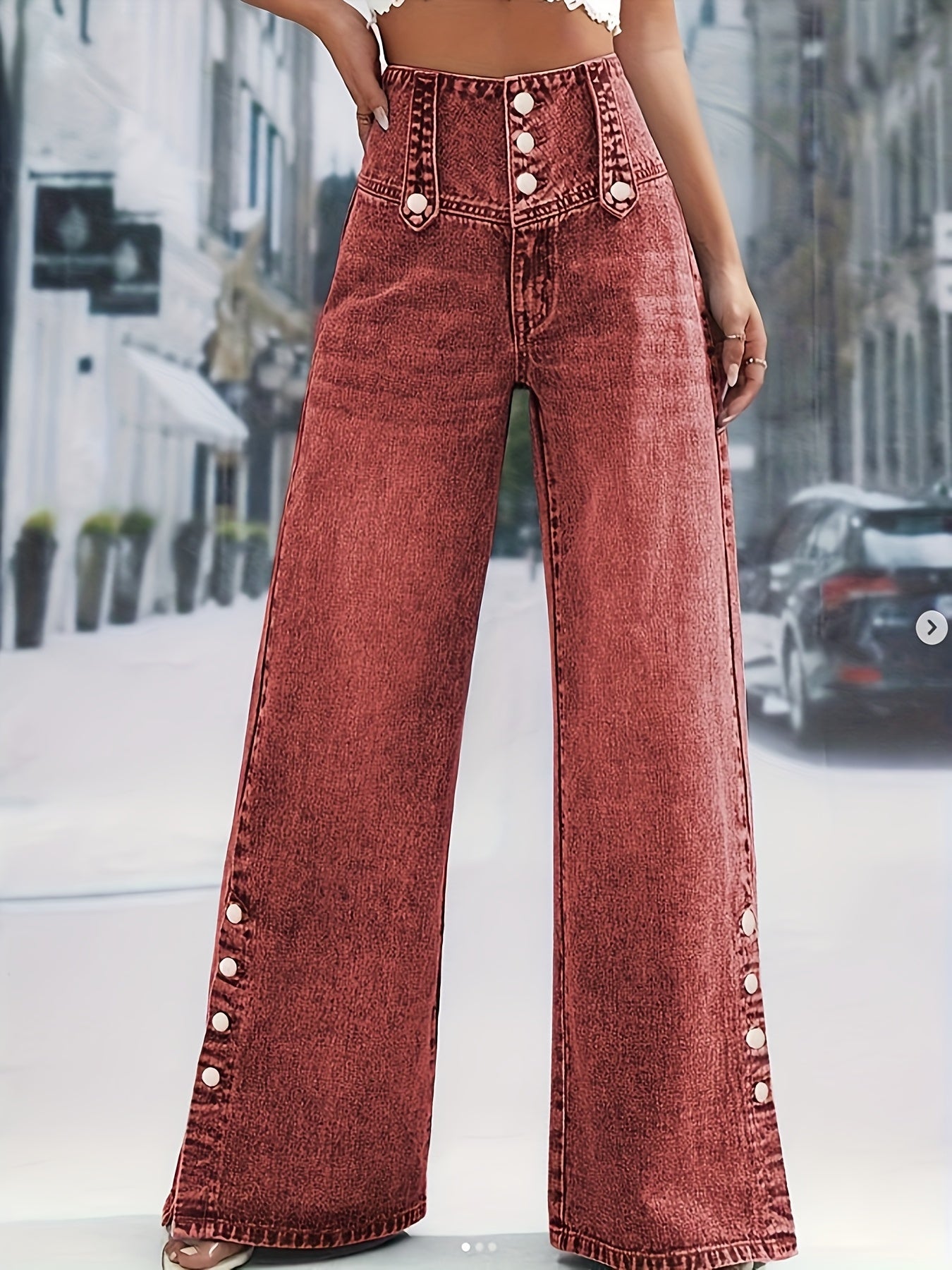 Women'S Light Blue Denim with a High Waist And Snowflake Pattern, Featuring a Buckle Design, Snap Boot Pant Legs, And a Straight, Loose Wide-Leg Cut. This Stylish Casual Outfit Is Perfect for Weekdays And Weekend Shopping, Machine Washable