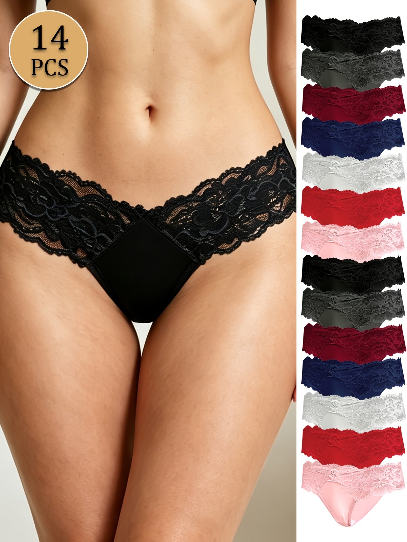 14pcs Comfortable And Breathable Lace Panties, Sexy Bikini Briefs, Solid Color Floral Lace, Scalloped Trim, Elastic Skin-friendly Hipster, Semi Sheer Low-waist Women's Underwear