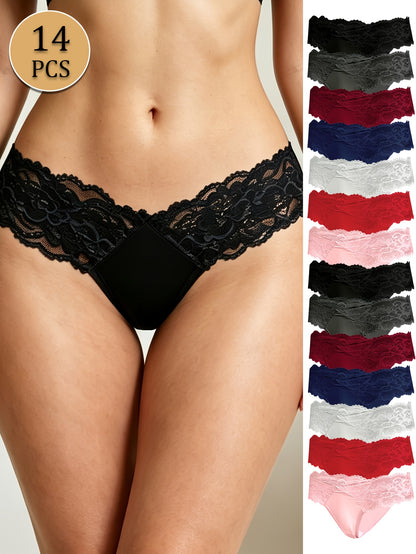 14pcs Comfortable And Breathable Lace Panties, Sexy Bikini Briefs, Solid Color Floral Lace, Scalloped Trim, Elastic Skin-friendly Hipster, Semi Sheer Low-waist Women's Underwear