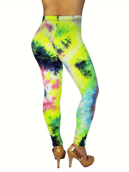 Tie Dye Print Skinny Yoga Leggings - Casual Sports Every Day Stretchy Leggings - Polyester & Spandex Blend - For Women - Suitable for Yoga, Fitness & Everyday Wear - Perfect Gift for Active Women